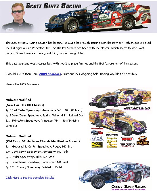 Scott Bintz Racing Newsletter May 2009
